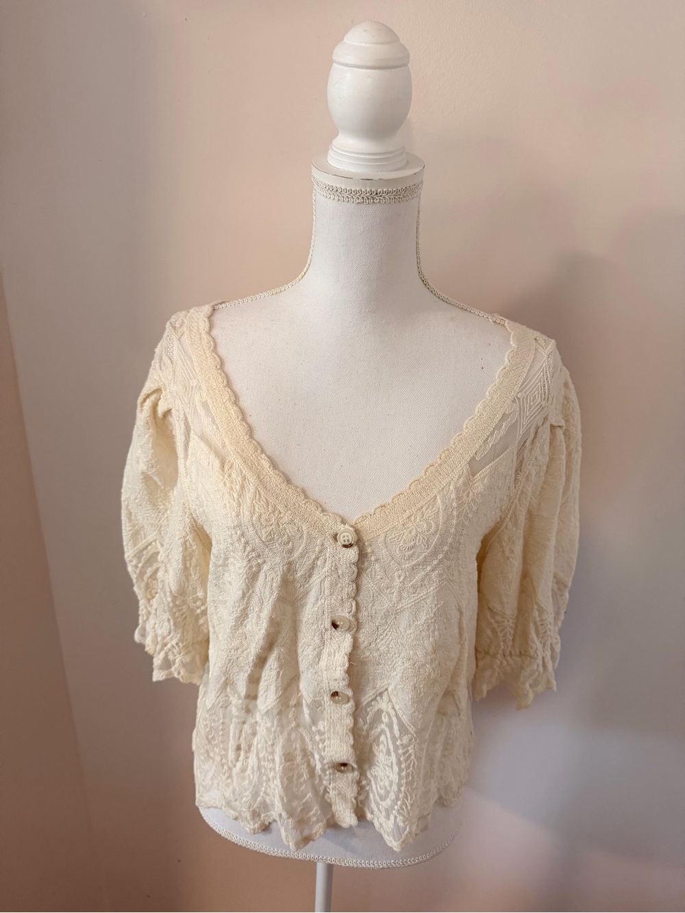 Ultra Pink Cream Lace-Texture Button Down Top